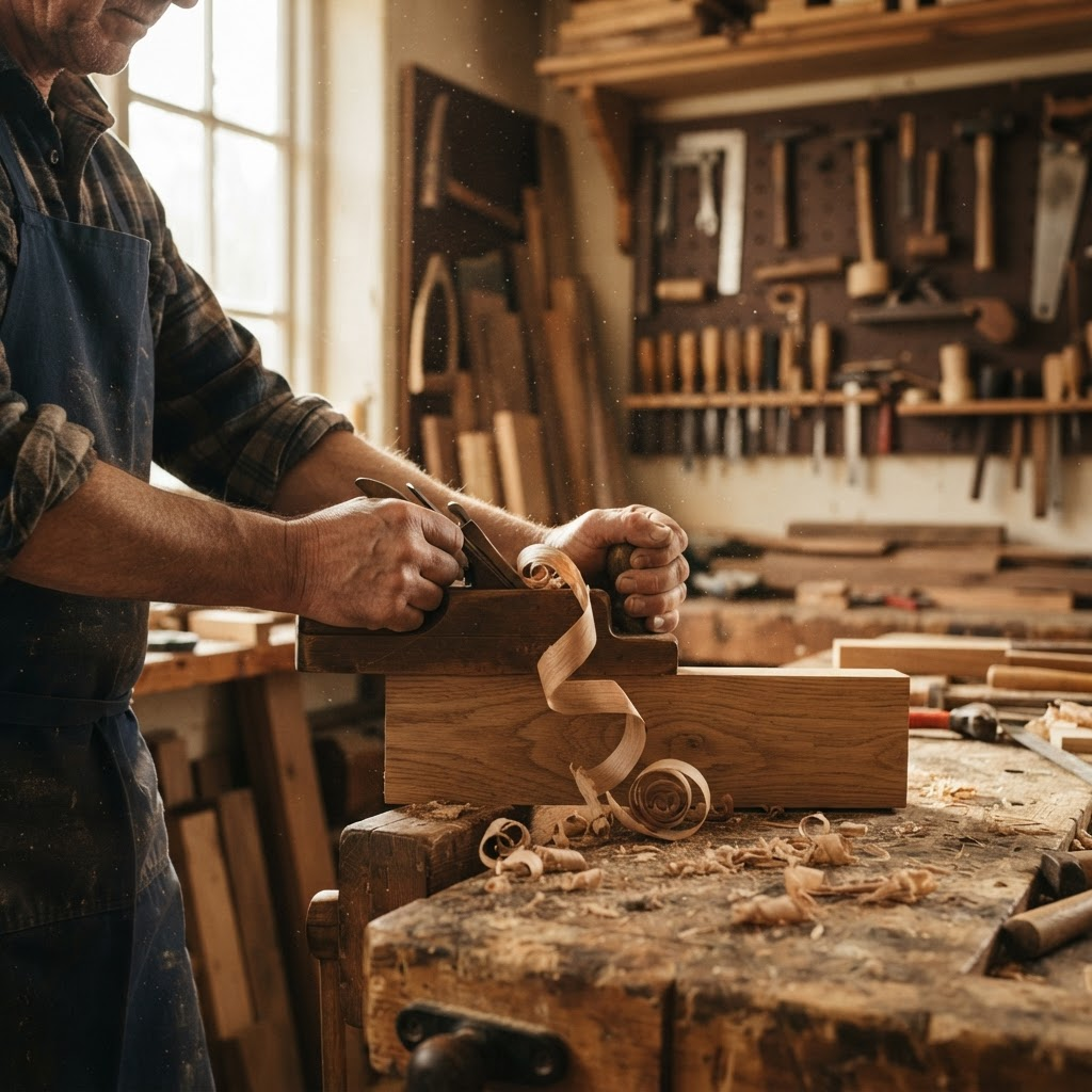 Tischlermeister bei der Arbeit an massivem Eichenholz in der Werkstatt